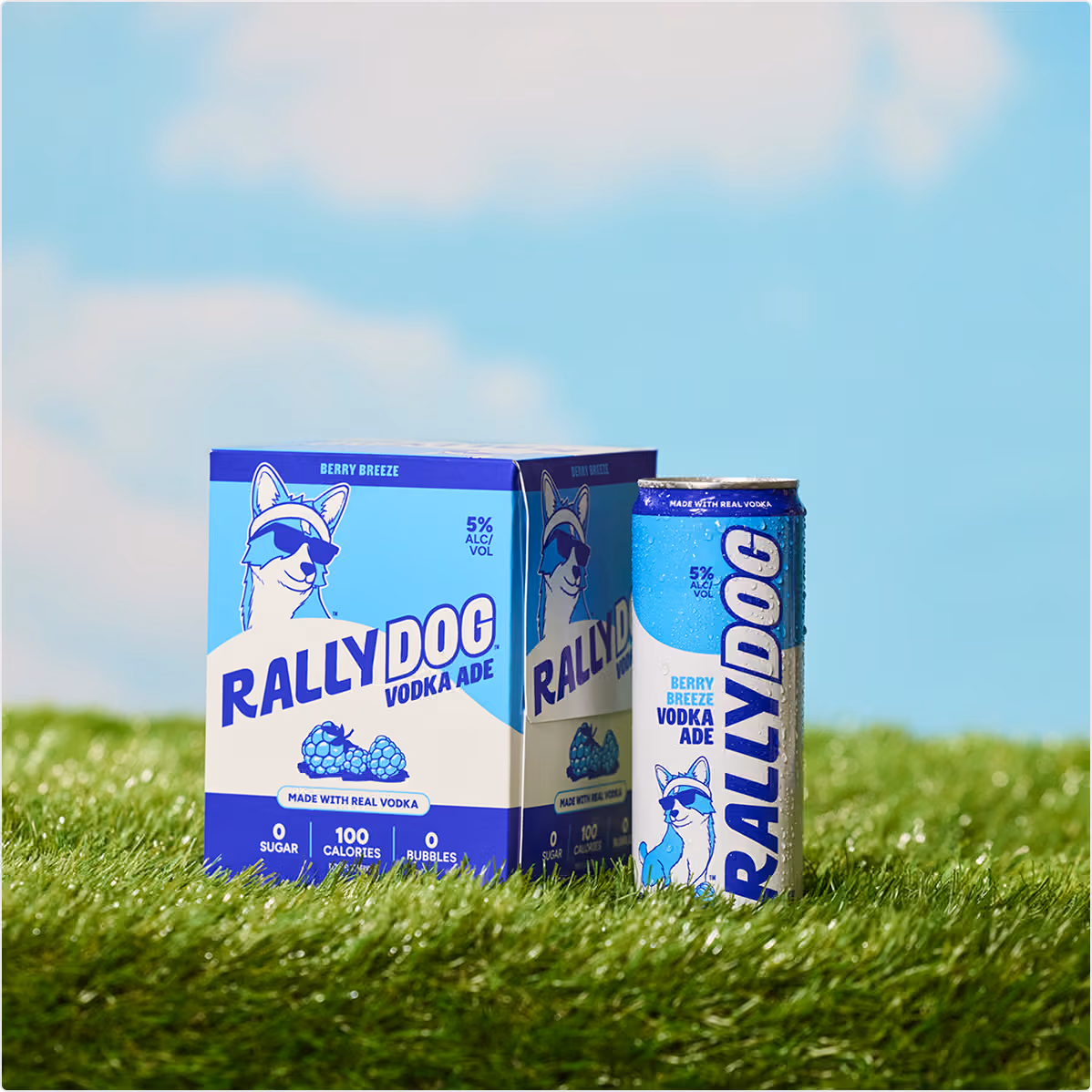 A package of Rally Dog Berry Breeze Vodka Ade on grass