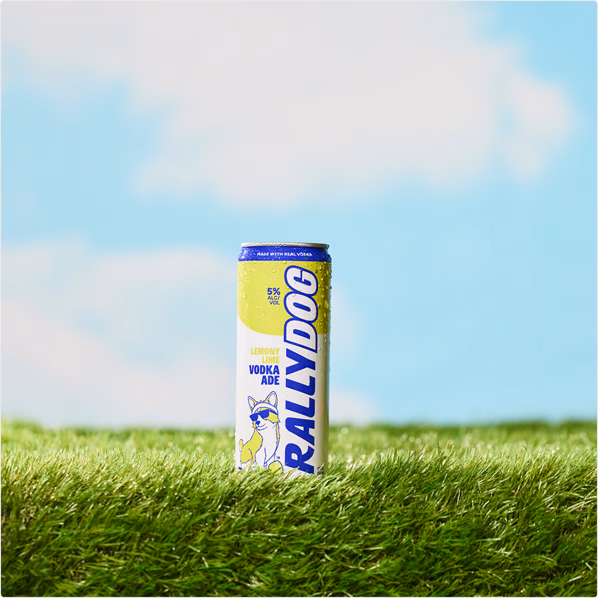 A can of Rally Dog Lemony Lime Vodka Ade on grass