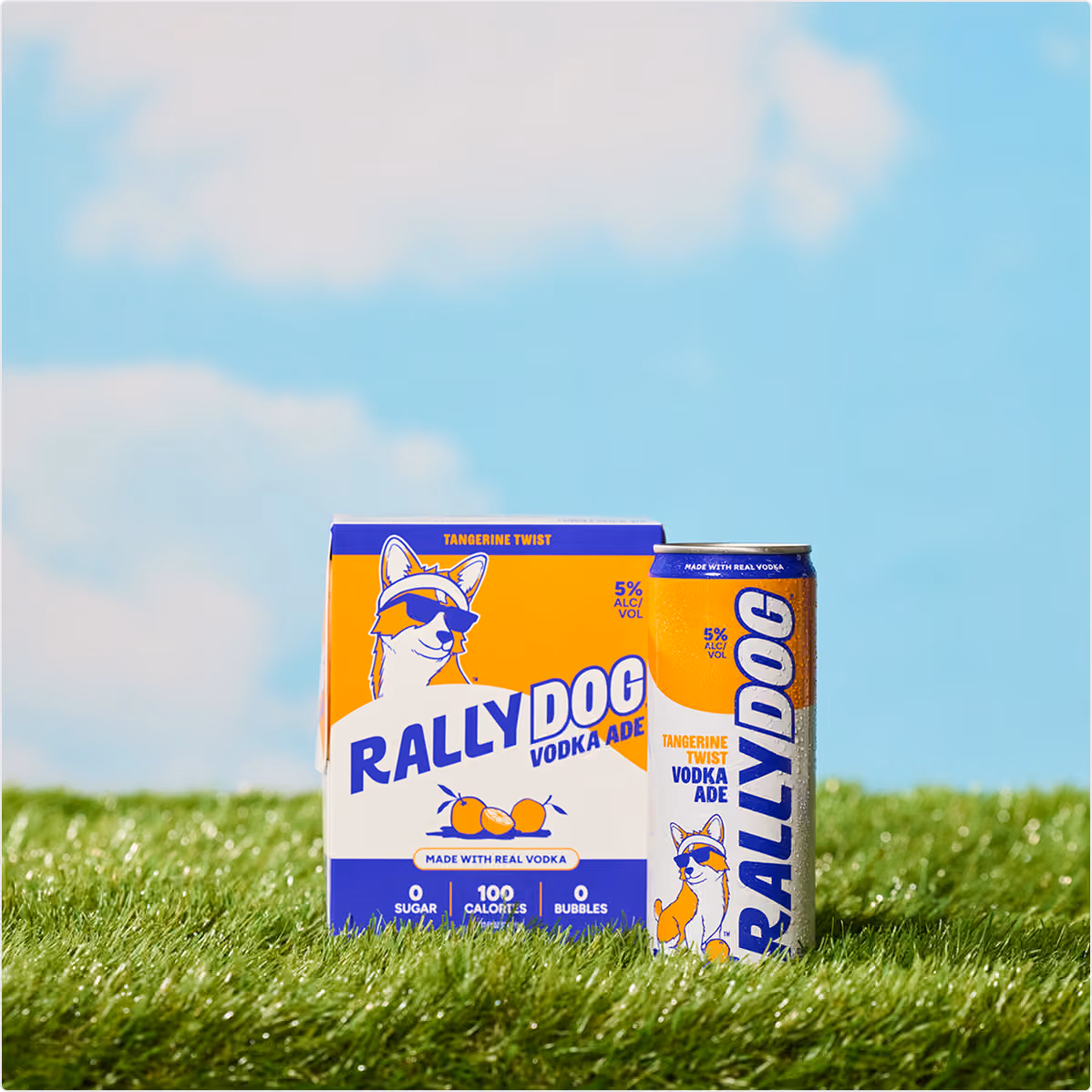 A package of Rally Dog Tangerine Twist Vodka Ade on grass