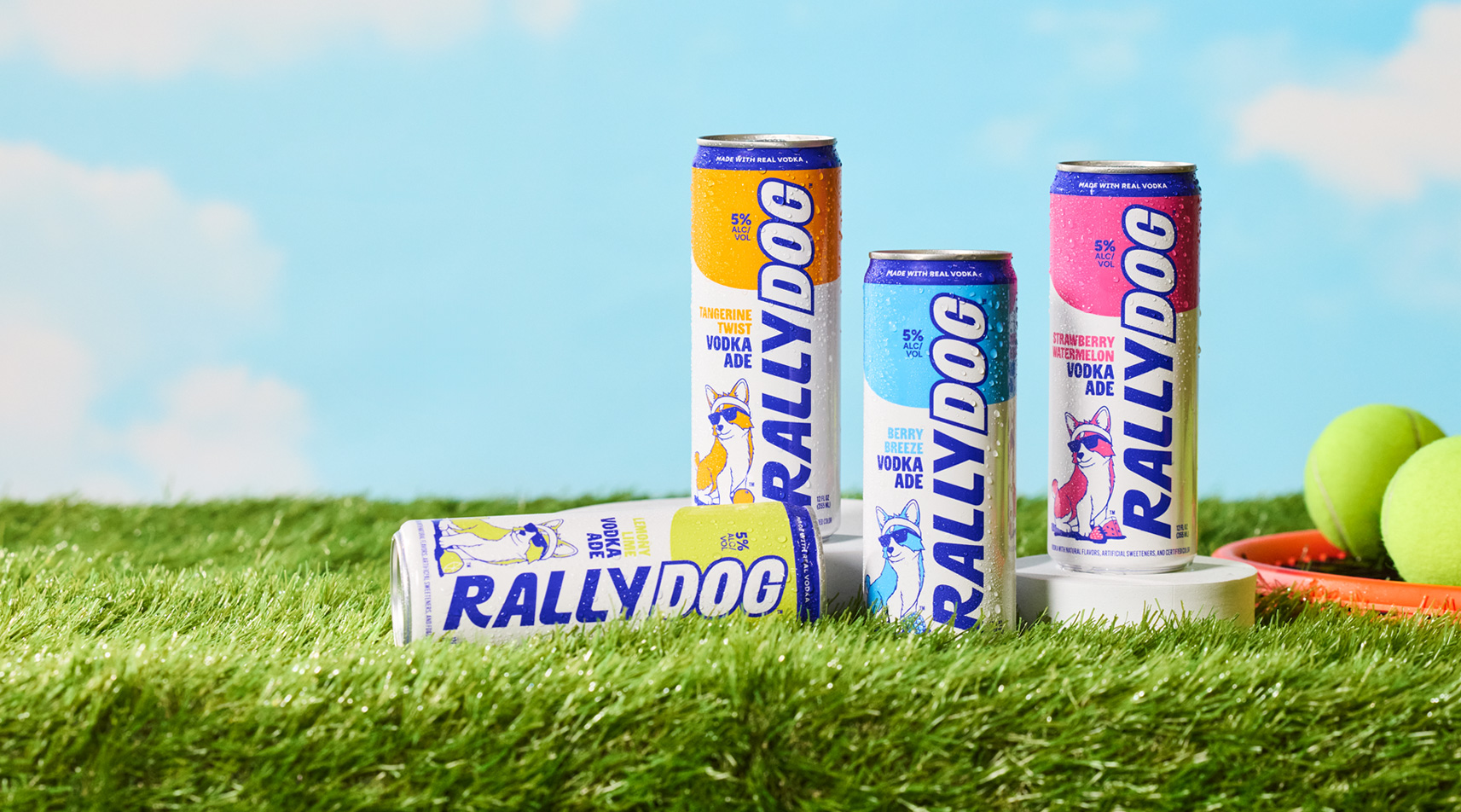 a few cans of Rally dog sitting on grass with a bluesky above and a tennis racket and ball next to it